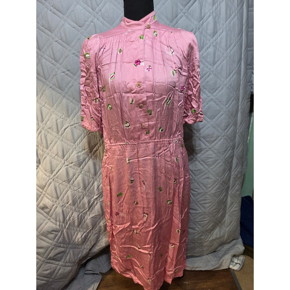Vintage Chacok Pink Novelty Print Midi Dress Mandarin Collar TLC